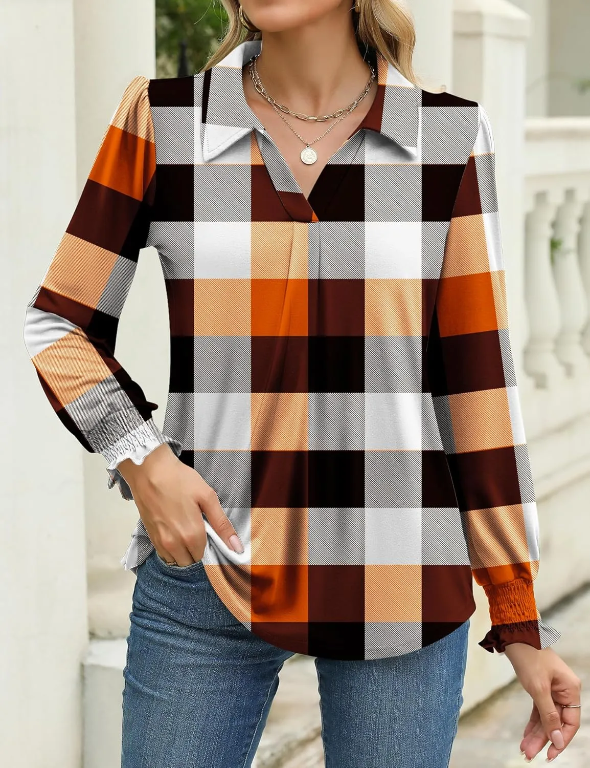 LUYAA Blouses for Women Dressy Casual Long Sleeve Loose Fit Tunic Tops V-Neck Collared Fall Shirts S-XXXL