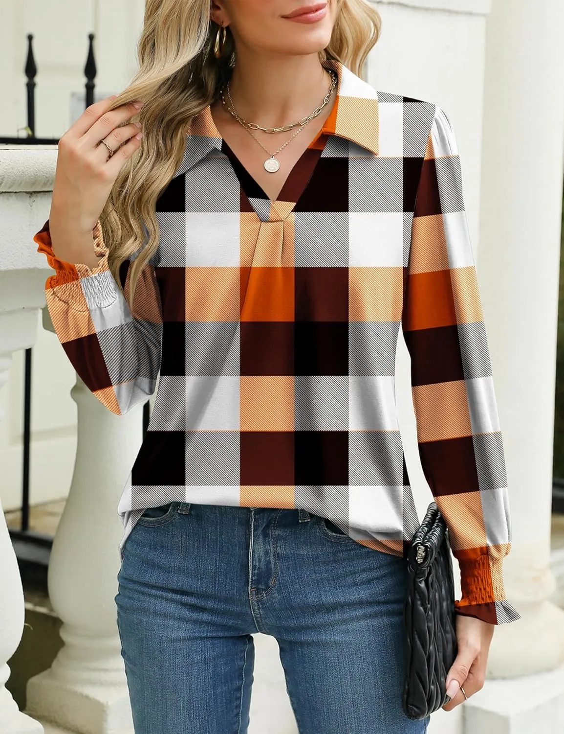 LUYAA Blouses for Women Dressy Casual Long Sleeve Loose Fit Tunic Tops V-Neck Collared Fall Shirts S-XXXL