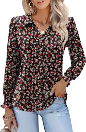 LUYAA Blouses for Women Dressy Casual Long Sleeve Loose Fit Tunic Tops V-Neck Collared Fall Shirts S-XXXL