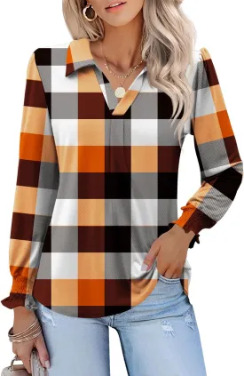 LUYAA Blouses for Women Dressy Casual Long Sleeve Loose Fit Tunic Tops V-Neck Collared Fall Shirts S-XXXL