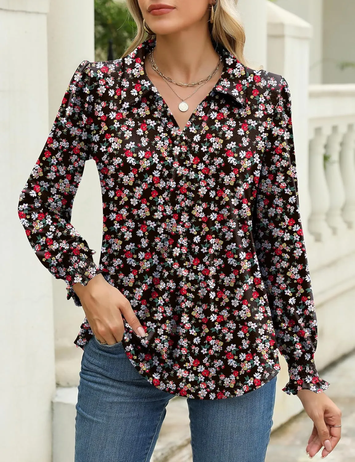 LUYAA Blouses for Women Dressy Casual Long Sleeve Loose Fit Tunic Tops V-Neck Collared Fall Shirts S-XXXL