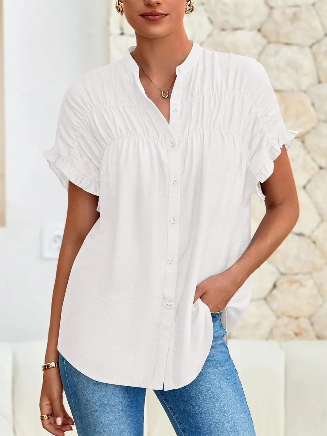 MASCOMODA Womens 2025 Button Down Shirts Ruffle Short Sleeve Loose Summer Tops Dressy Casual V Neck Business Work Blouses
