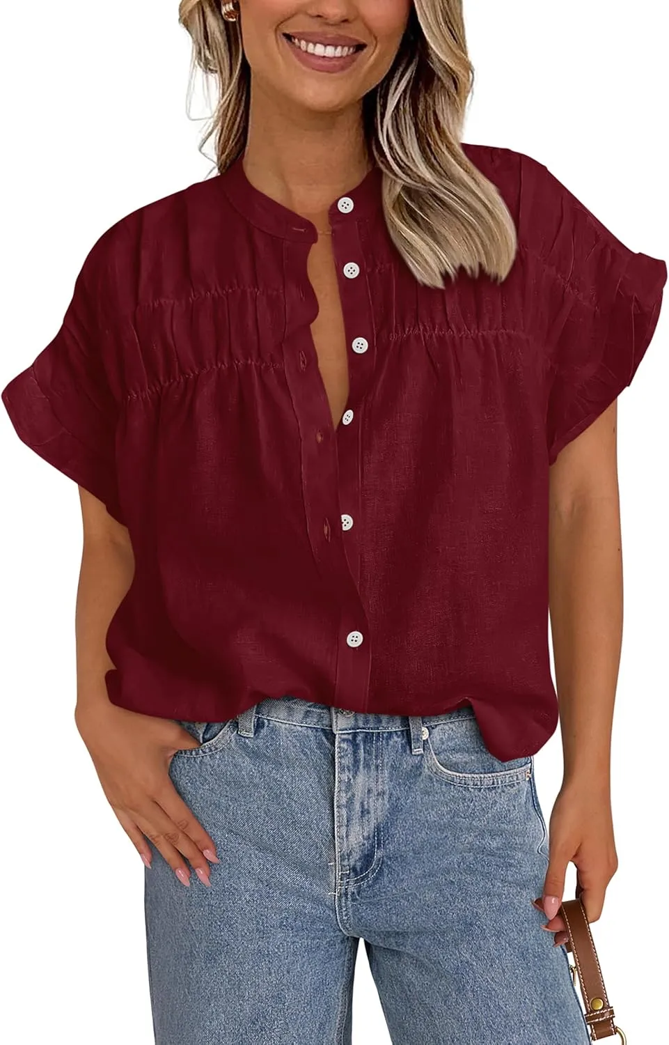 MASCOMODA Womens 2025 Button Down Shirts Ruffle Short Sleeve Loose Summer Tops Dressy Casual V Neck Business Work Blouses