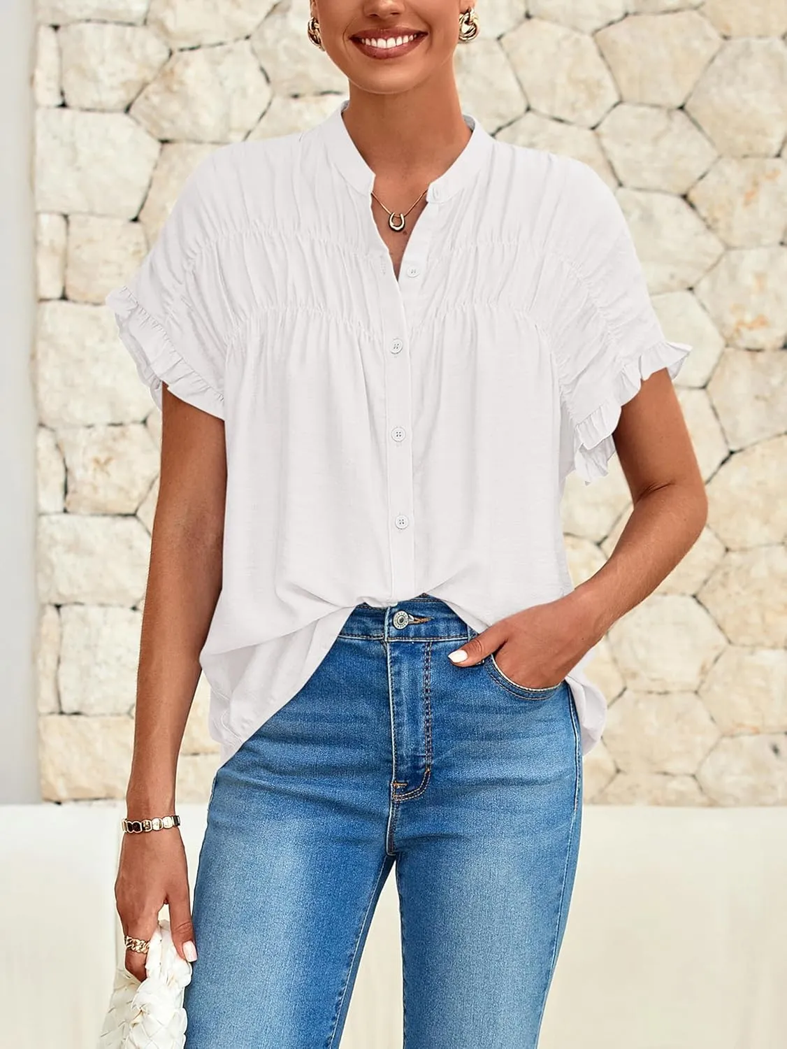 MASCOMODA Womens 2025 Button Down Shirts Ruffle Short Sleeve Loose Summer Tops Dressy Casual V Neck Business Work Blouses