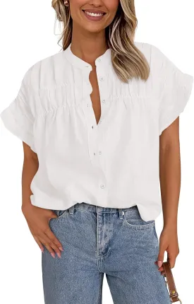 MASCOMODA Womens 2025 Button Down Shirts Ruffle Short Sleeve Loose Summer Tops Dressy Casual V Neck Business Work Blouses
