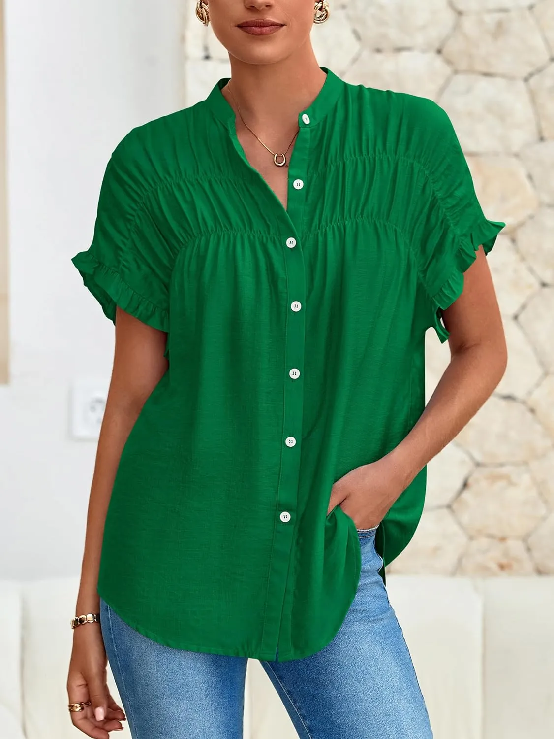 MASCOMODA Womens 2025 Button Down Shirts Ruffle Short Sleeve Loose Summer Tops Dressy Casual V Neck Business Work Blouses