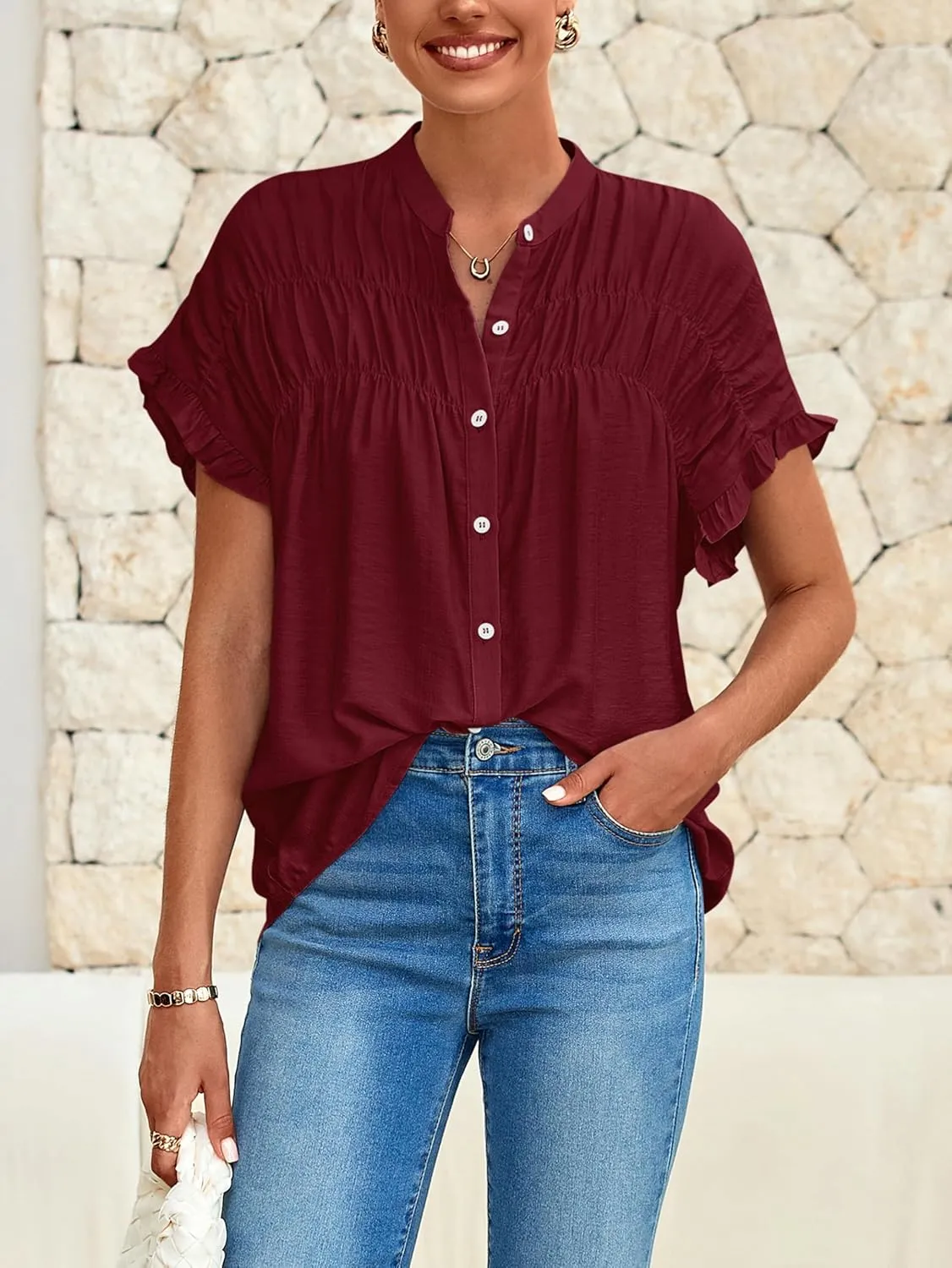 MASCOMODA Womens 2025 Button Down Shirts Ruffle Short Sleeve Loose Summer Tops Dressy Casual V Neck Business Work Blouses