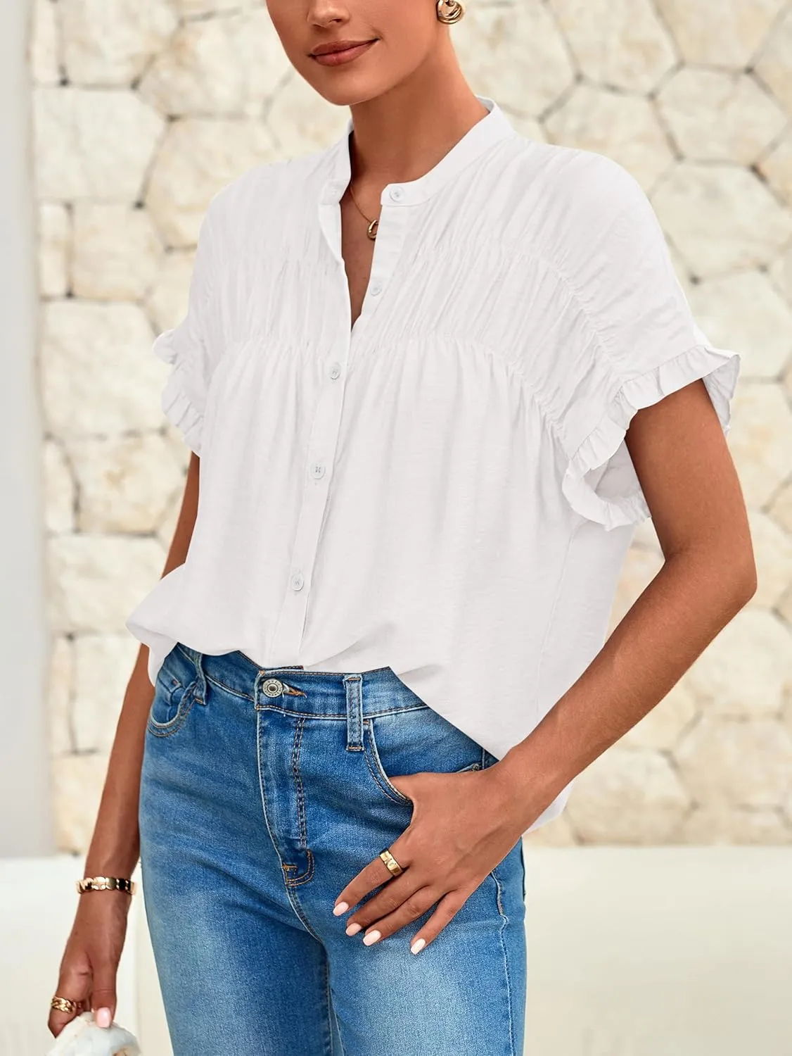 MASCOMODA Womens 2025 Button Down Shirts Ruffle Short Sleeve Loose Summer Tops Dressy Casual V Neck Business Work Blouses