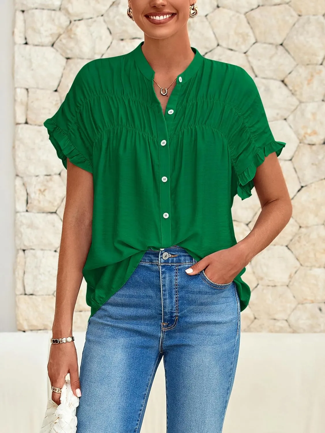 MASCOMODA Womens 2025 Button Down Shirts Ruffle Short Sleeve Loose Summer Tops Dressy Casual V Neck Business Work Blouses