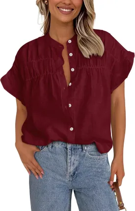 MASCOMODA Womens 2025 Button Down Shirts Ruffle Short Sleeve Loose Summer Tops Dressy Casual V Neck Business Work Blouses