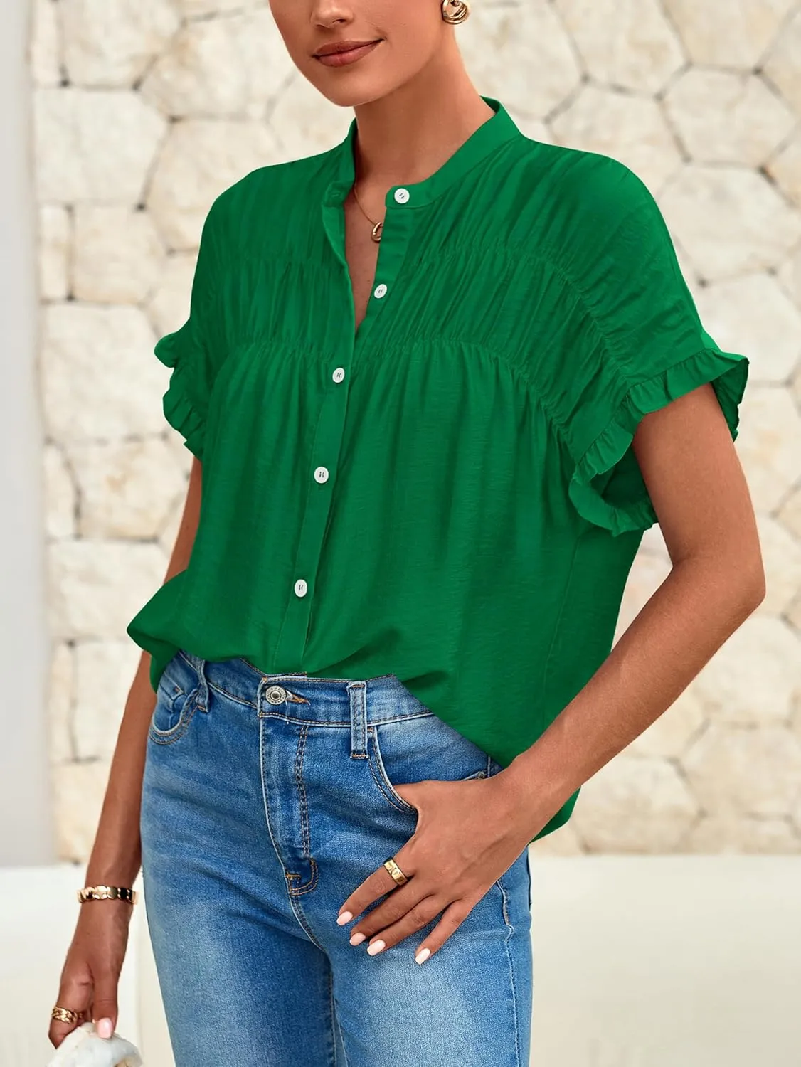 MASCOMODA Womens 2025 Button Down Shirts Ruffle Short Sleeve Loose Summer Tops Dressy Casual V Neck Business Work Blouses