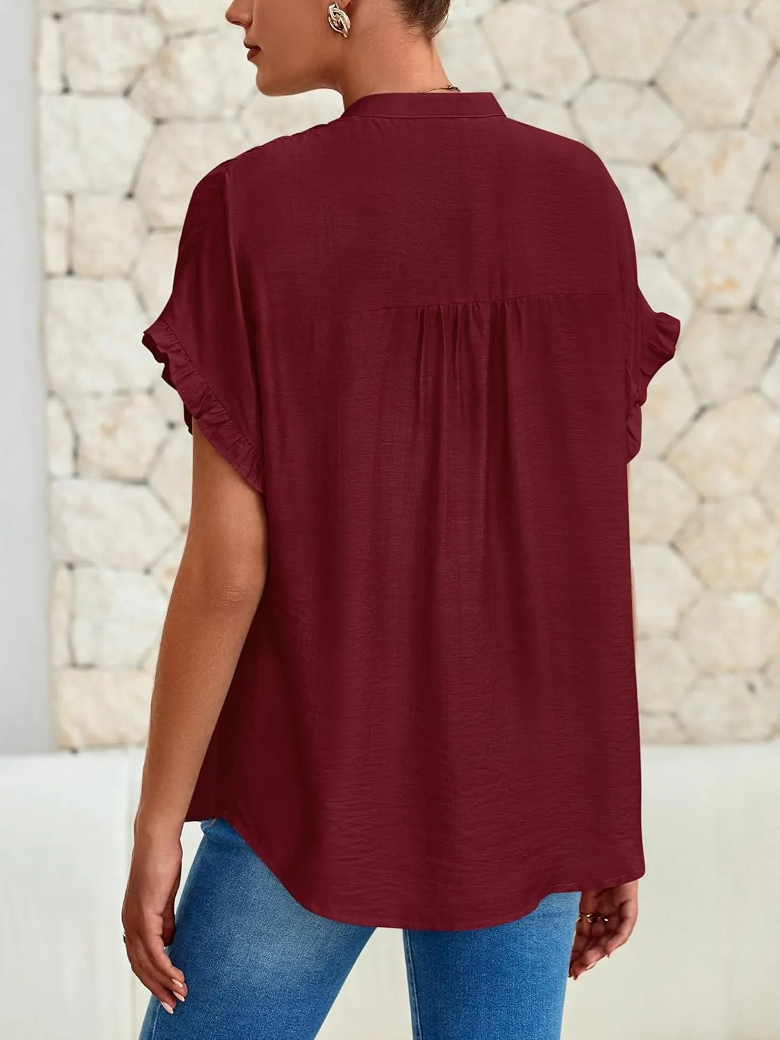 MASCOMODA Womens 2025 Button Down Shirts Ruffle Short Sleeve Loose Summer Tops Dressy Casual V Neck Business Work Blouses