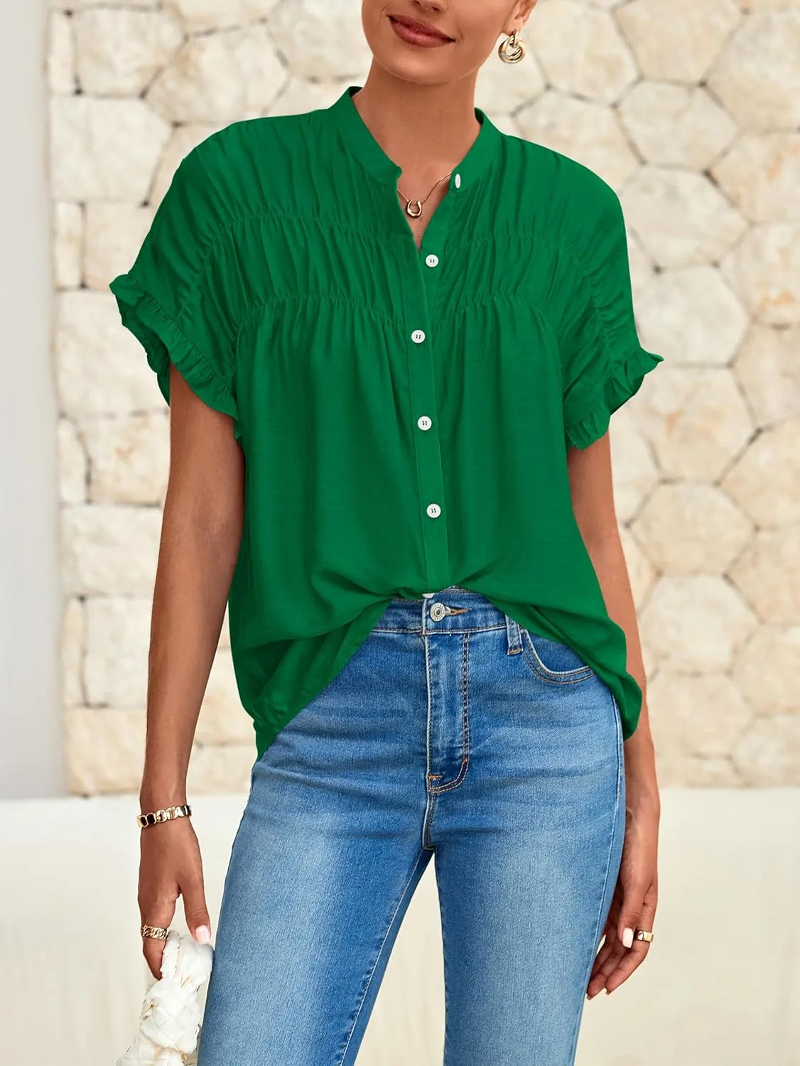 MASCOMODA Womens 2025 Button Down Shirts Ruffle Short Sleeve Loose Summer Tops Dressy Casual V Neck Business Work Blouses