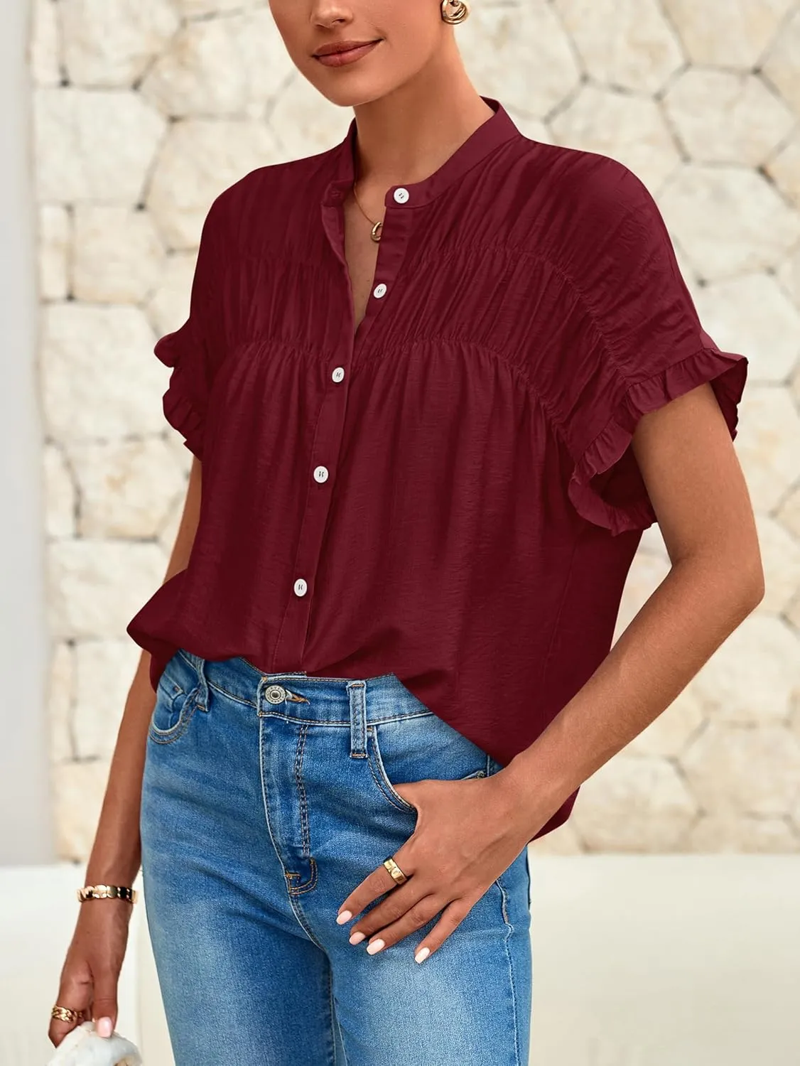 MASCOMODA Womens 2025 Button Down Shirts Ruffle Short Sleeve Loose Summer Tops Dressy Casual V Neck Business Work Blouses