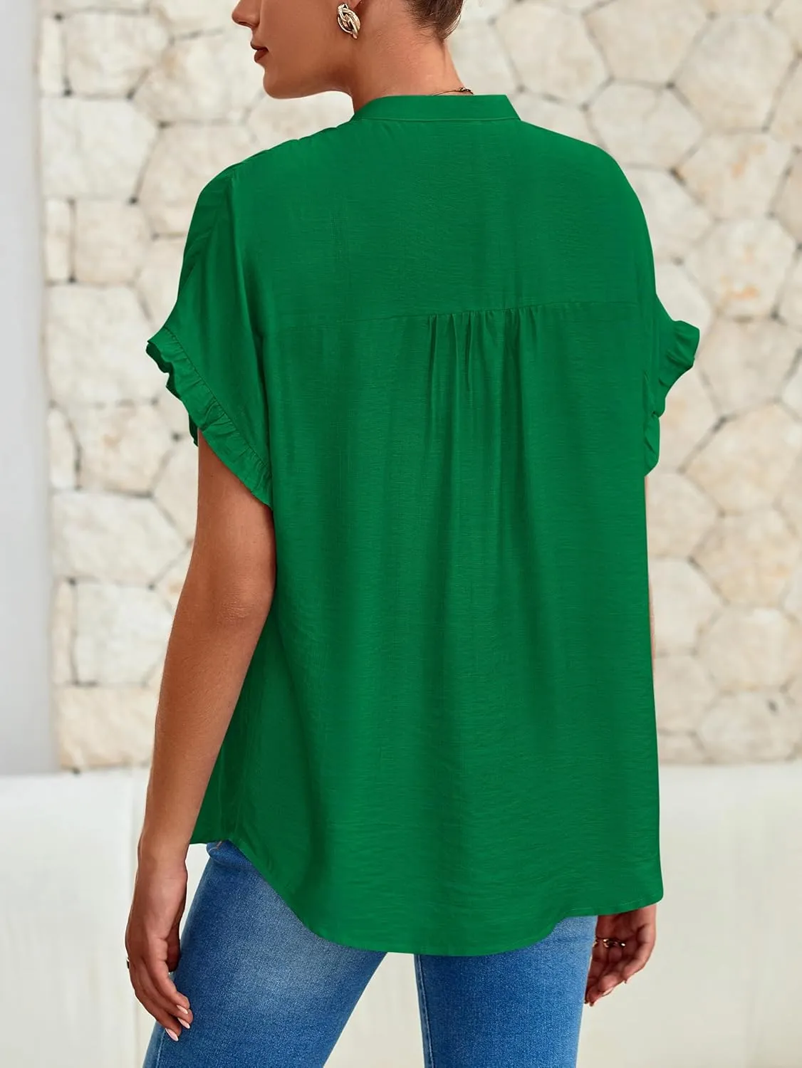 MASCOMODA Womens 2025 Button Down Shirts Ruffle Short Sleeve Loose Summer Tops Dressy Casual V Neck Business Work Blouses