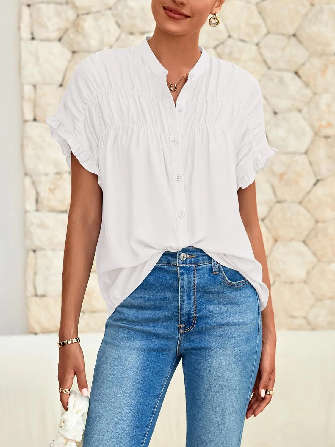MASCOMODA Womens 2025 Button Down Shirts Ruffle Short Sleeve Loose Summer Tops Dressy Casual V Neck Business Work Blouses
