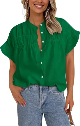 MASCOMODA Womens 2025 Button Down Shirts Ruffle Short Sleeve Loose Summer Tops Dressy Casual V Neck Business Work Blouses