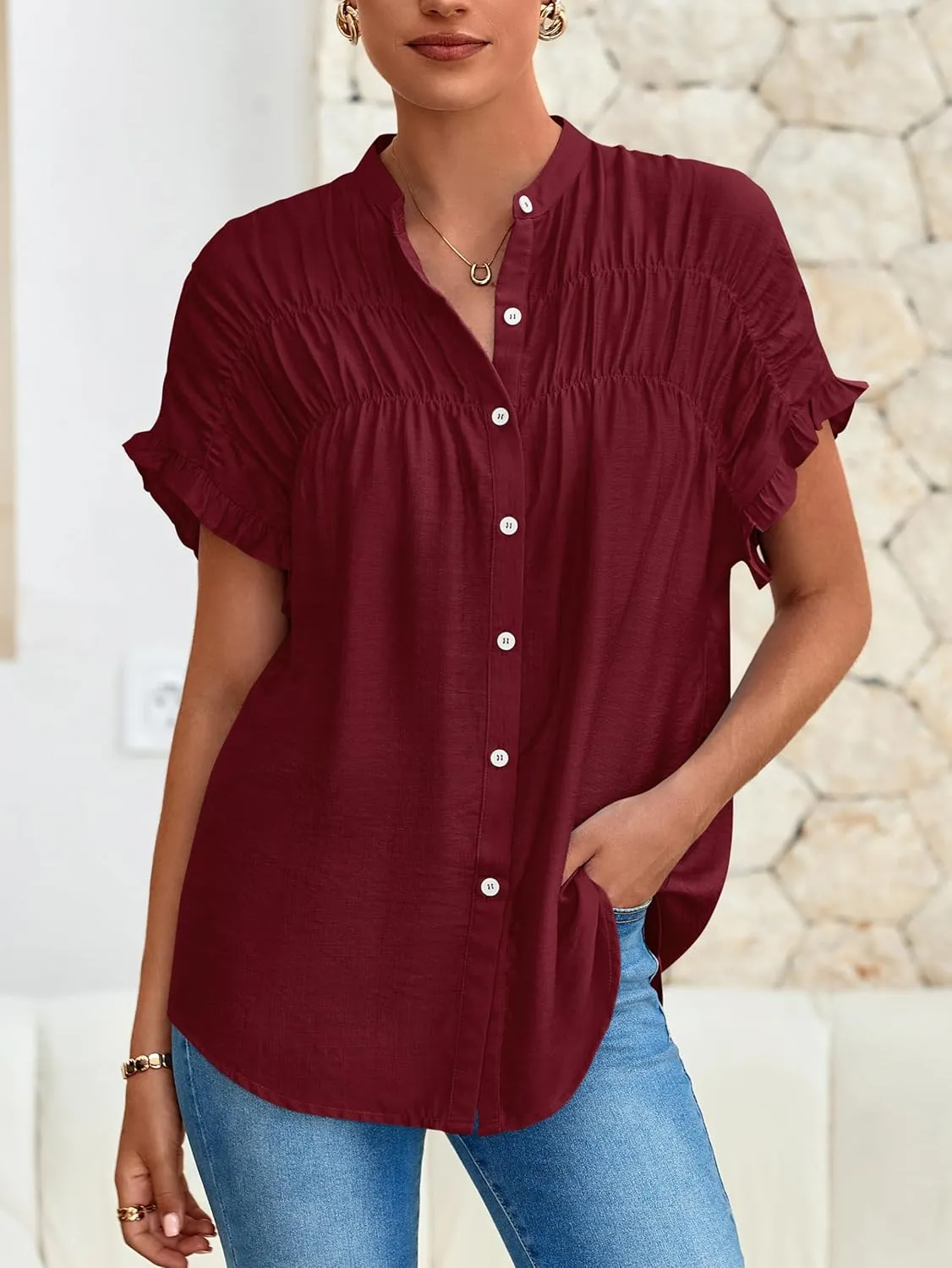 MASCOMODA Womens 2025 Button Down Shirts Ruffle Short Sleeve Loose Summer Tops Dressy Casual V Neck Business Work Blouses
