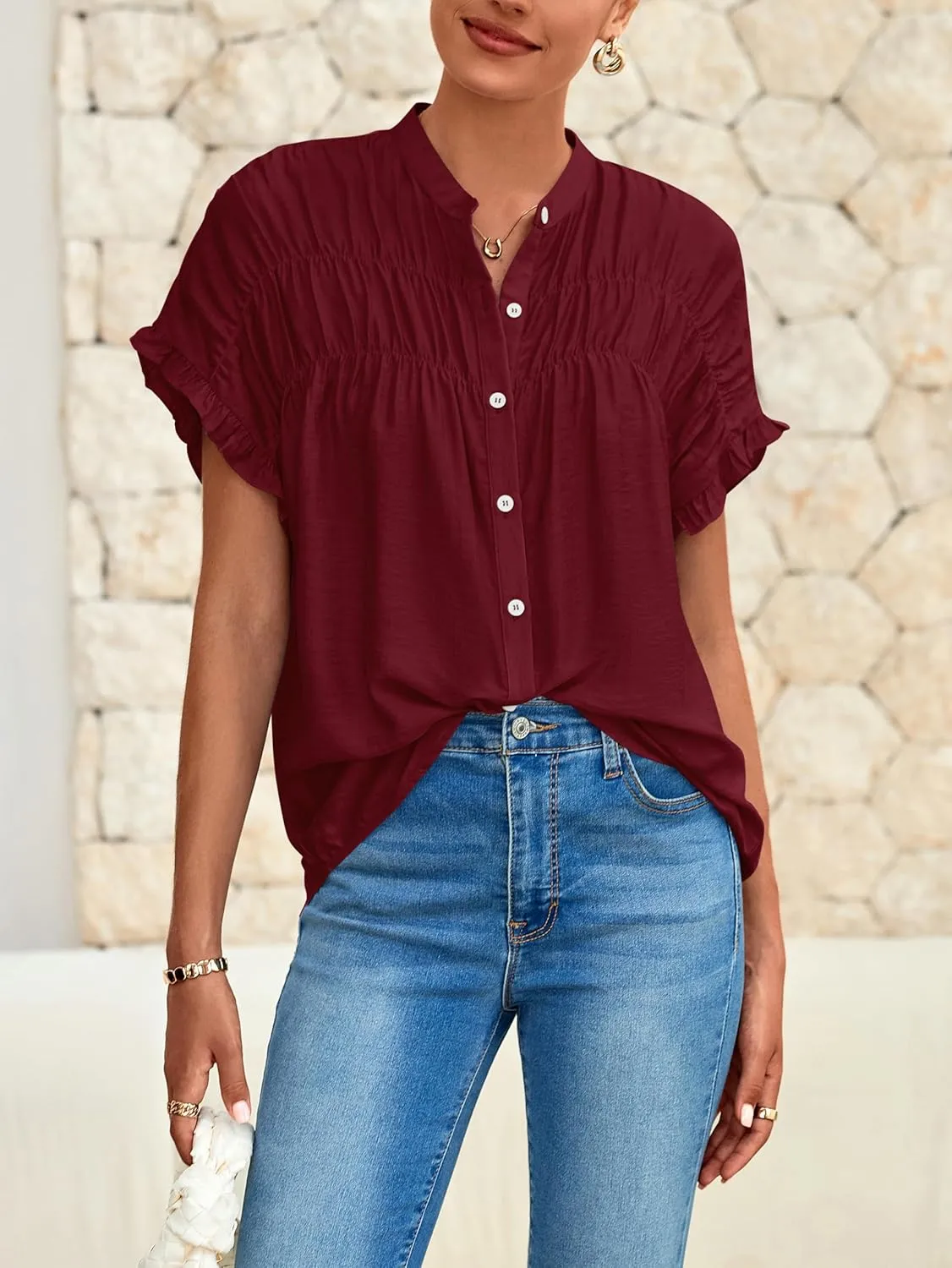 MASCOMODA Womens 2025 Button Down Shirts Ruffle Short Sleeve Loose Summer Tops Dressy Casual V Neck Business Work Blouses