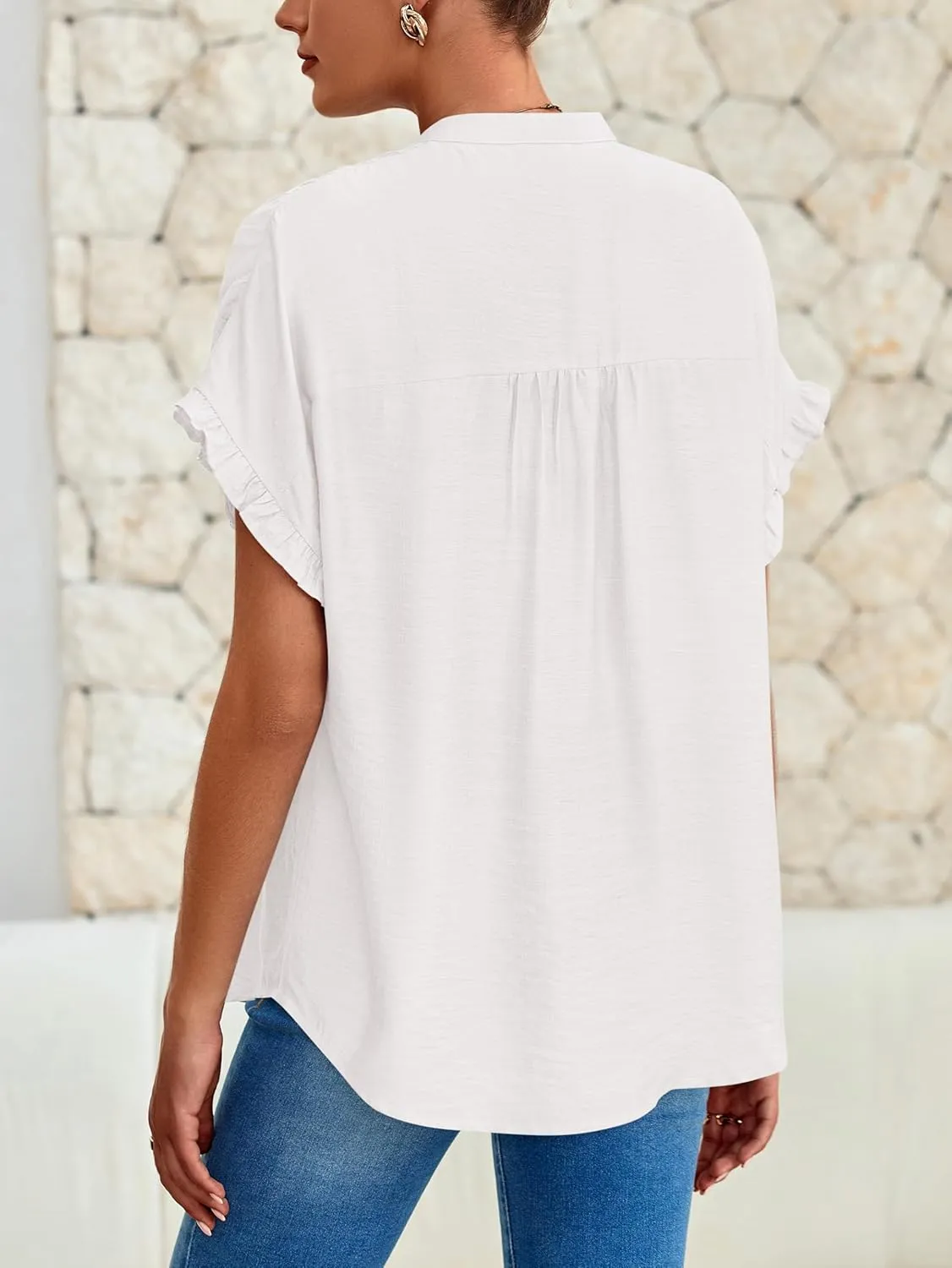 MASCOMODA Womens 2025 Button Down Shirts Ruffle Short Sleeve Loose Summer Tops Dressy Casual V Neck Business Work Blouses