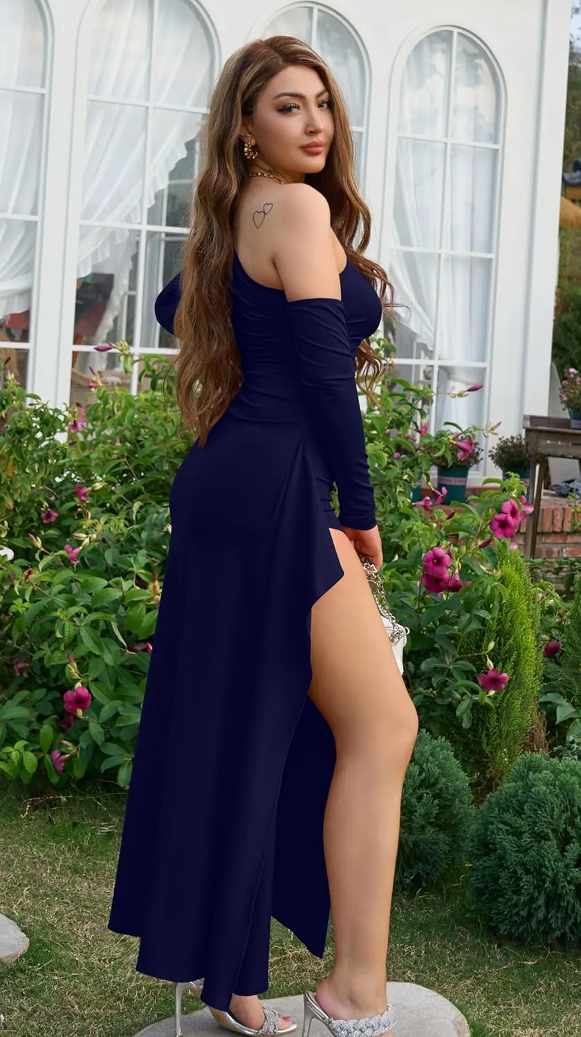 Memoriesea Women's One Shoulder Long Sleeve Sexy High Slit Wedding Guest Party Maxi Dress