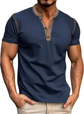 Mens Fashion Henley Shirt Short Sleeve Lightweight Cotton Gym Workout Fitness T-Shirts Button Pullover Summer Tees