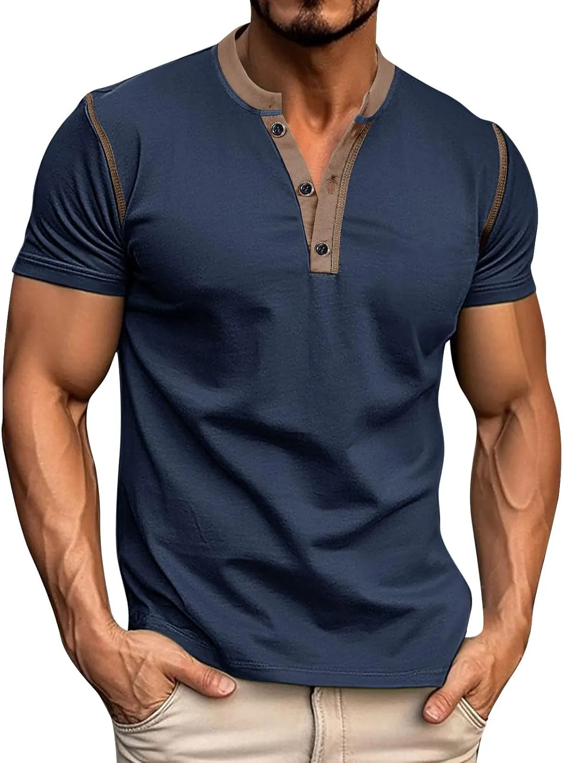 Mens Fashion Henley Shirt Short Sleeve Lightweight Cotton Gym Workout Fitness T-Shirts Button Pullover Summer Tees
