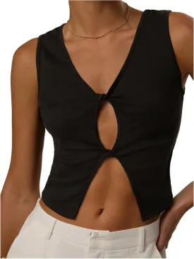 Milumia Women's Cut Out Twist Front Split Hem Tank Top Sexy V Neck Sleeveless Crop Tops
