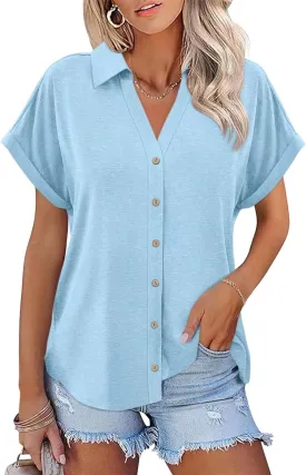 ORANDESIGNE Women's Short Sleeve Polo Tops Summer Button Down Collared T Shirts Casual Cute Ladies Tees