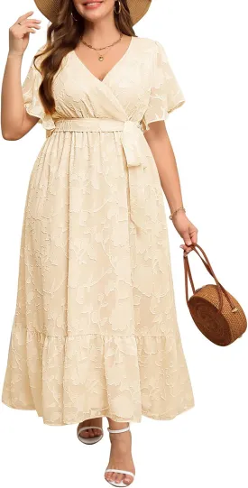 Pinup Fashion Plus Size Dresses for Wedding Guest - 2025 Cocktail Semi Formal Summer Wrap V Neck Maxi Dress