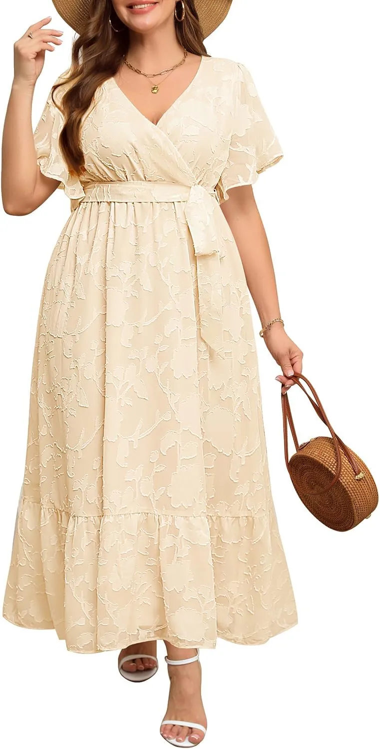 Pinup Fashion Plus Size Dresses for Wedding Guest - 2025 Cocktail Semi Formal Summer Wrap V Neck Maxi Dress