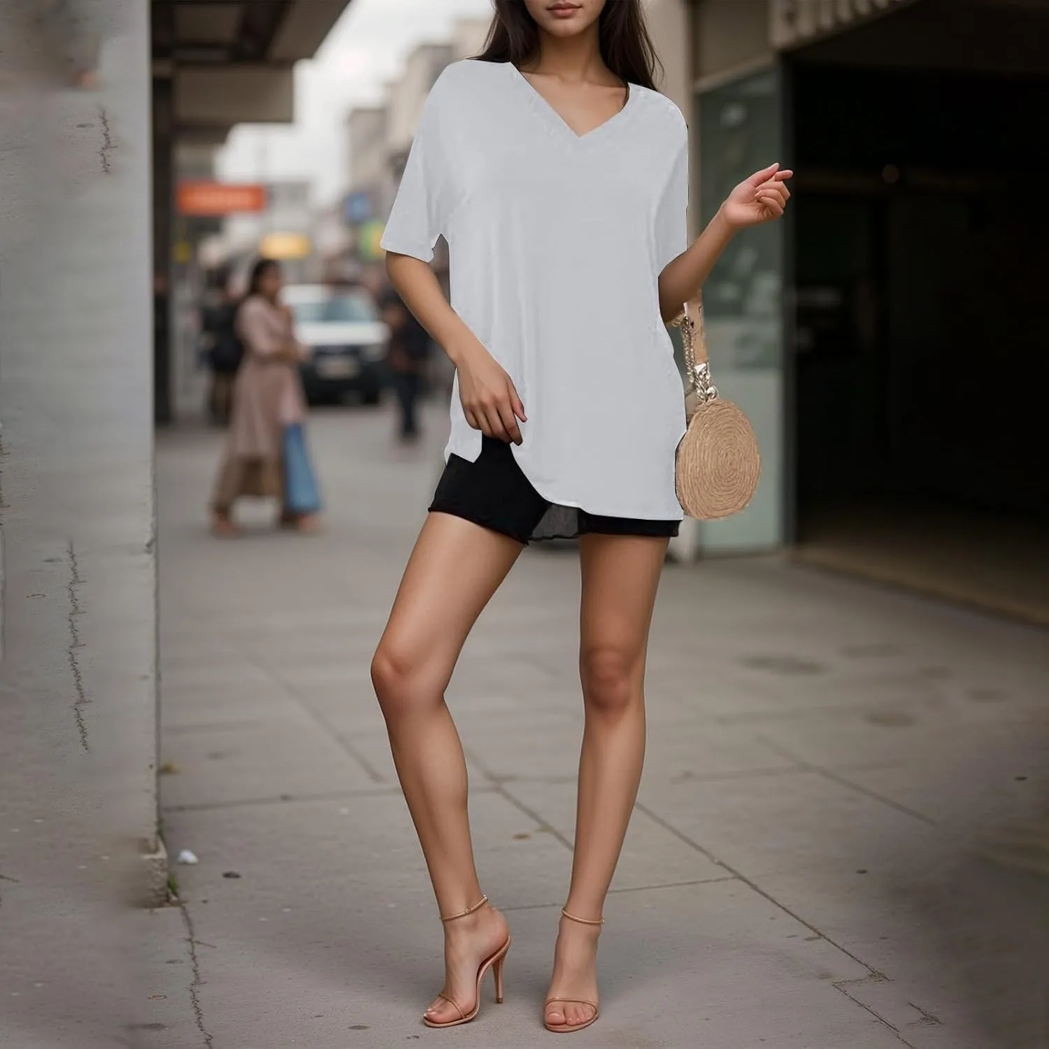 Plus Size Tops for Women Oversized Tshirts Short Sleeve V Neck Tunic Side Slit Blouse Dressy Plain Basic Tees