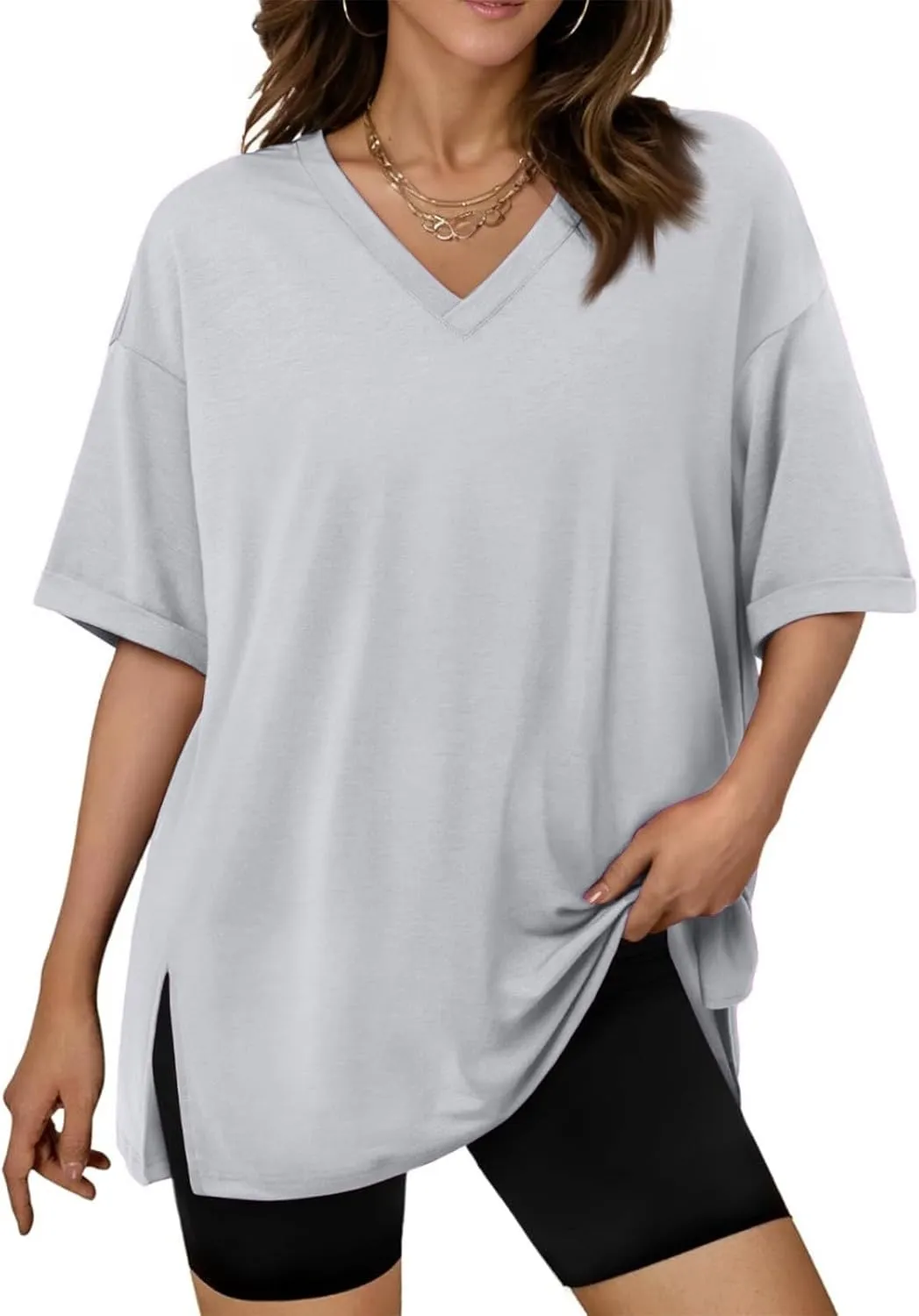 Plus Size Tops for Women Oversized Tshirts Short Sleeve V Neck Tunic Side Slit Blouse Dressy Plain Basic Tees