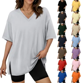 Plus Size Tops for Women Oversized Tshirts Short Sleeve V Neck Tunic Side Slit Blouse Dressy Plain Basic Tees