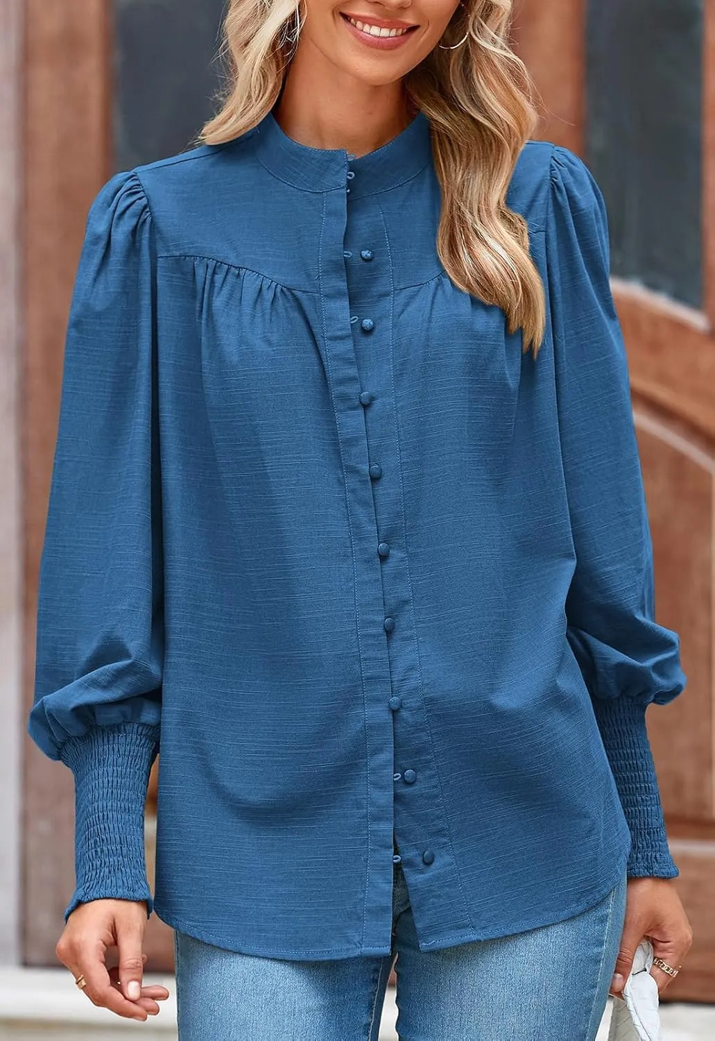 PRETTYGARDEN Womens Spring Long Sleeve Tops Dressy Casual Button Down Smocked Cuffed Office Business Work Blouses Shirts