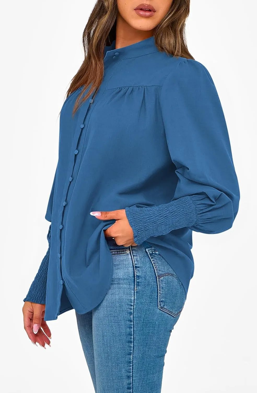 PRETTYGARDEN Womens Spring Long Sleeve Tops Dressy Casual Button Down Smocked Cuffed Office Business Work Blouses Shirts