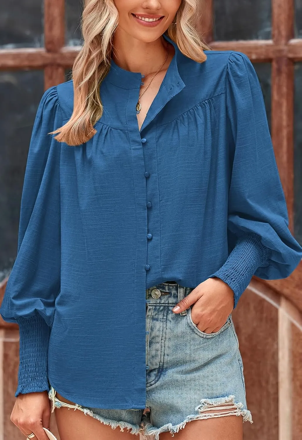 PRETTYGARDEN Womens Spring Long Sleeve Tops Dressy Casual Button Down Smocked Cuffed Office Business Work Blouses Shirts