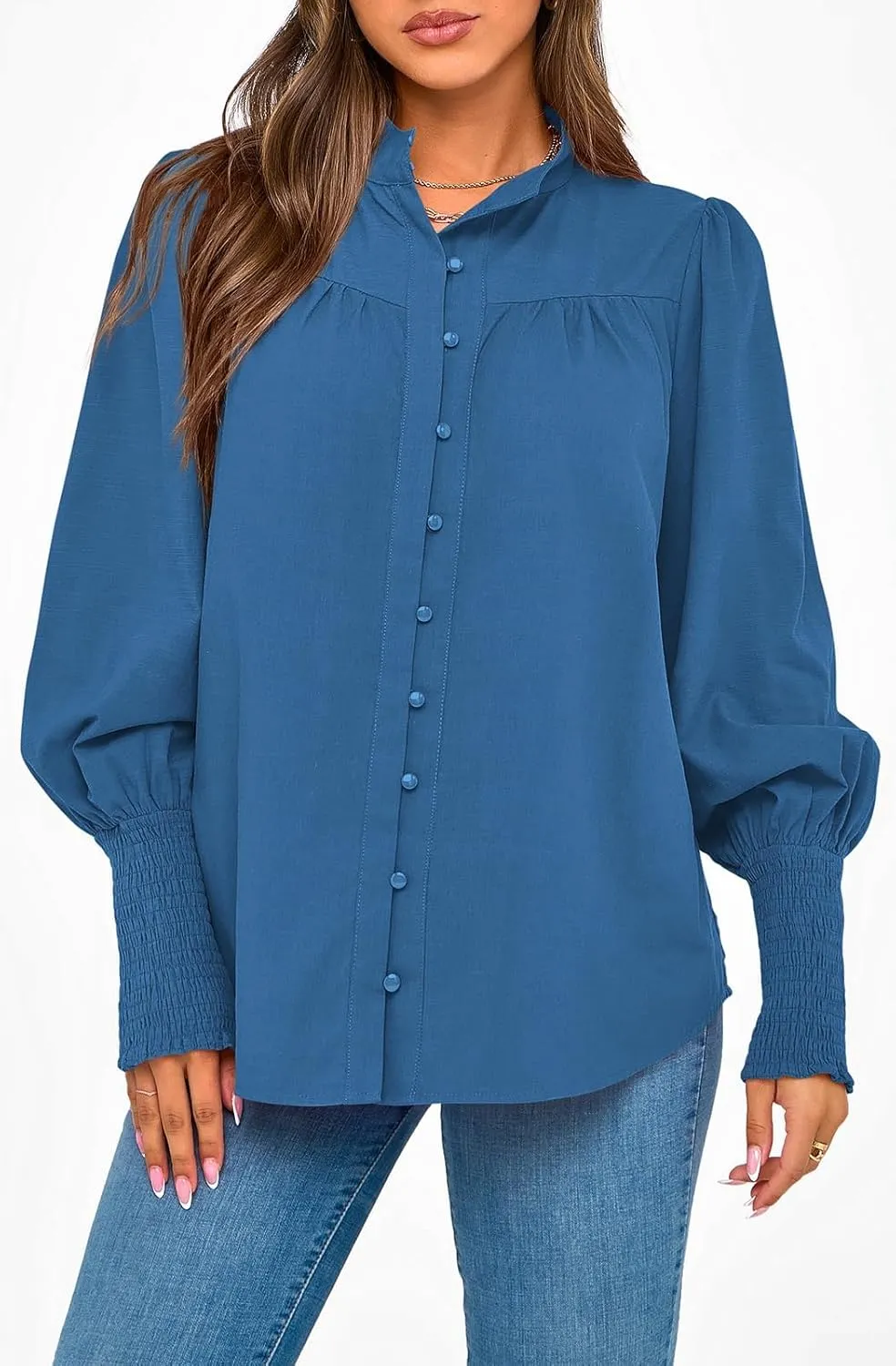 PRETTYGARDEN Womens Spring Long Sleeve Tops Dressy Casual Button Down Smocked Cuffed Office Business Work Blouses Shirts