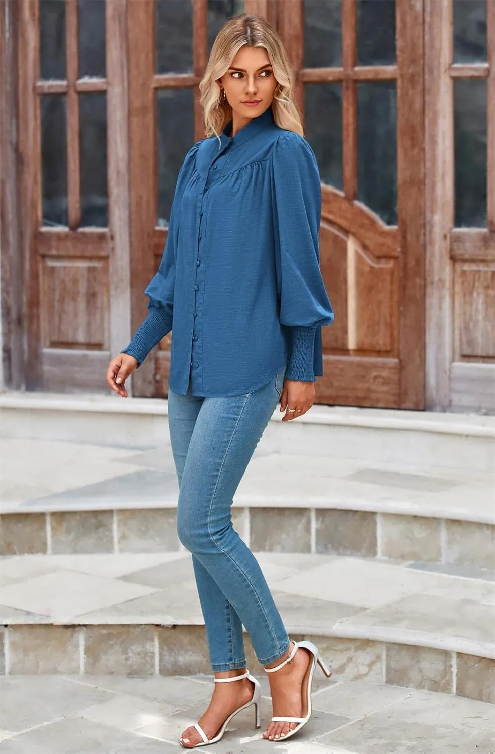 PRETTYGARDEN Womens Spring Long Sleeve Tops Dressy Casual Button Down Smocked Cuffed Office Business Work Blouses Shirts