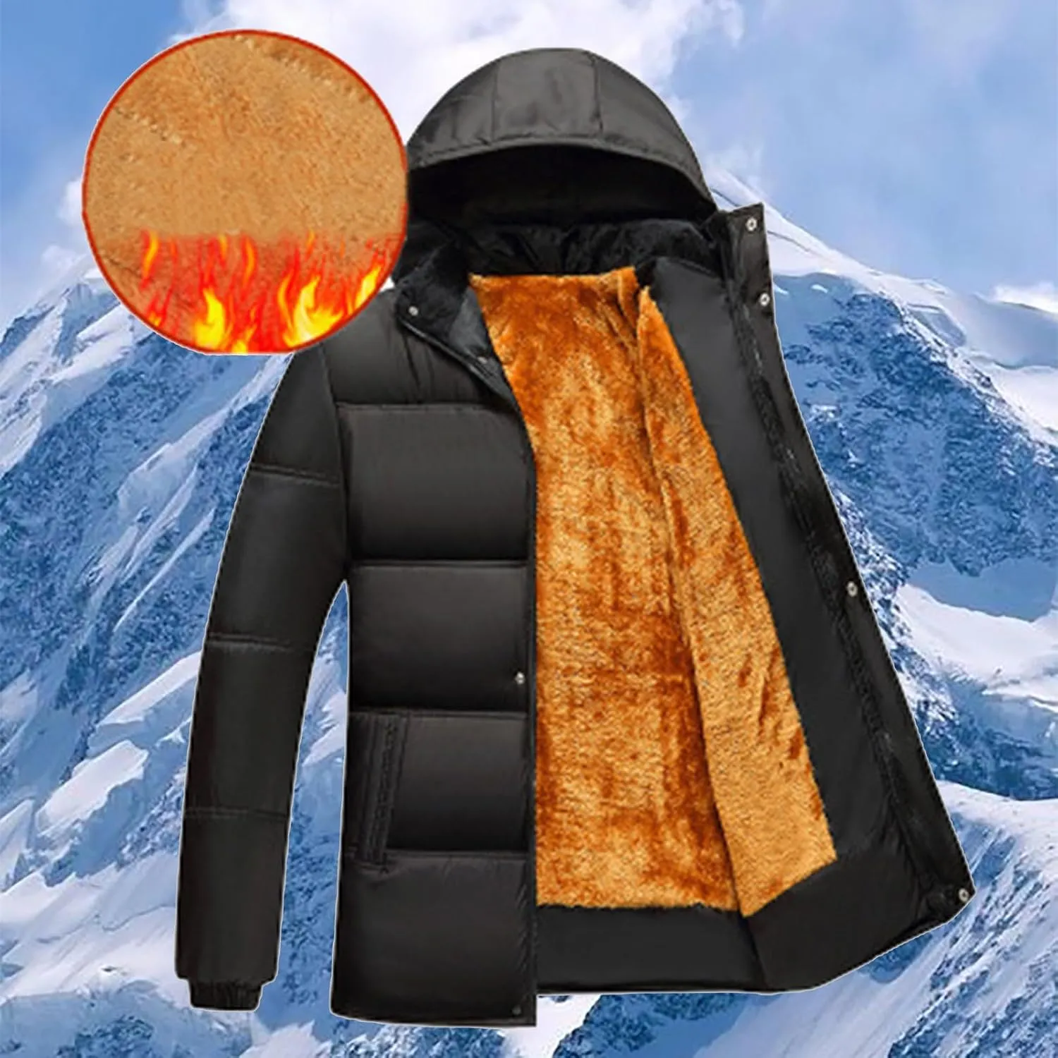 Puffer Jacket Men Fleece Lined Hooded down Jacket Quilted Windbreaker Jacket Warm Insulated Jackets Thermal Winter Coat