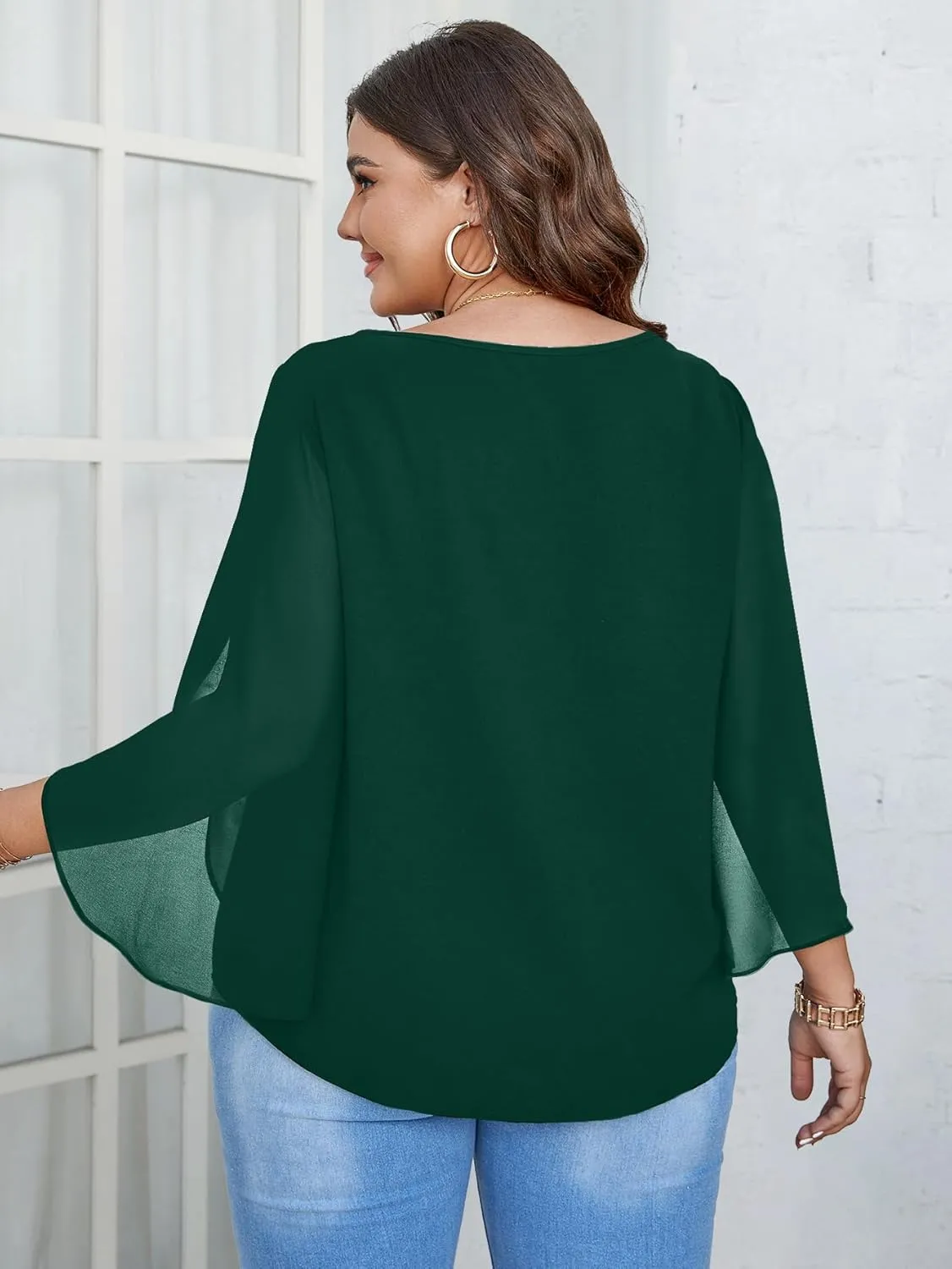 SCOMCHIC Plus Size Blouses for Women Summer Chiffon 3/4 Sleeve Tunic Tops Dressy Scoop Neck Casual Loose Flowy Shirts