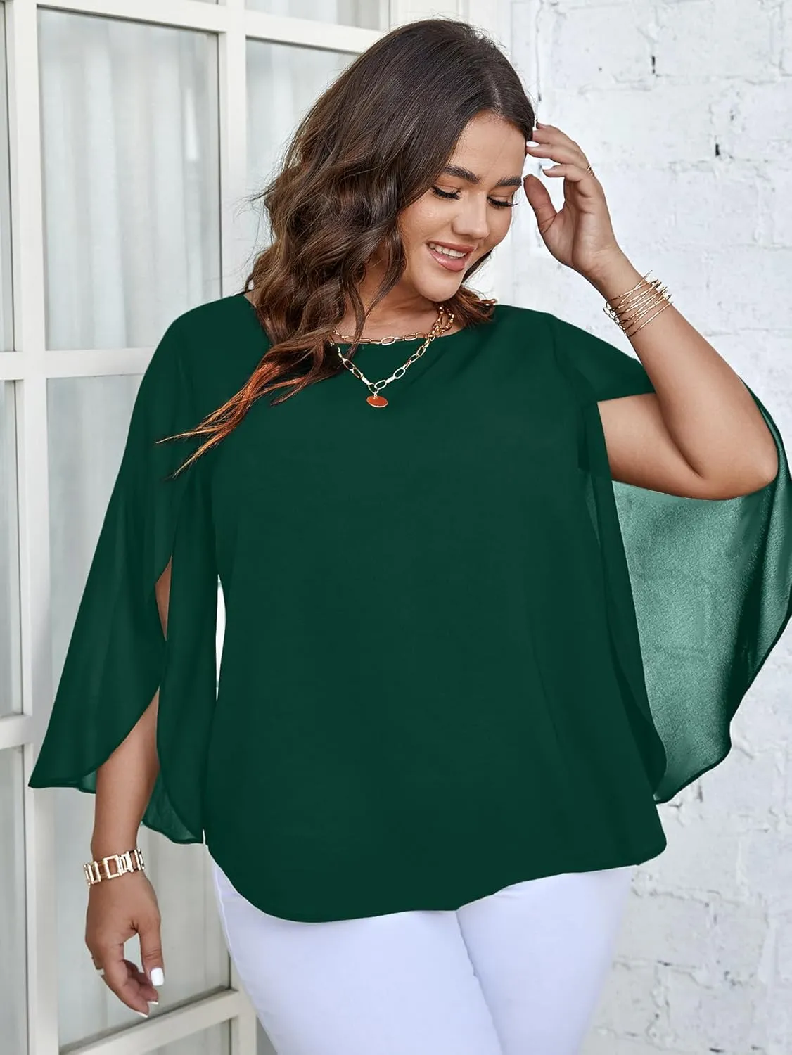 SCOMCHIC Plus Size Blouses for Women Summer Chiffon 3/4 Sleeve Tunic Tops Dressy Scoop Neck Casual Loose Flowy Shirts