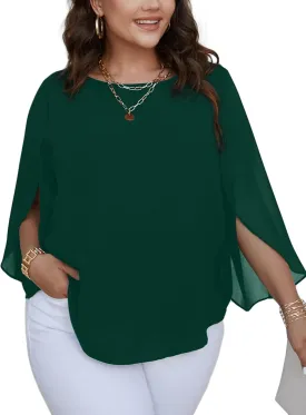 SCOMCHIC Plus Size Blouses for Women Summer Chiffon 3/4 Sleeve Tunic Tops Dressy Scoop Neck Casual Loose Flowy Shirts