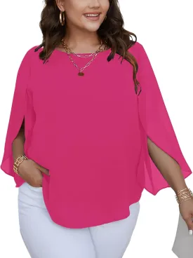 SCOMCHIC Plus Size Blouses for Women Summer Chiffon 3/4 Sleeve Tunic Tops Dressy Scoop Neck Casual Loose Flowy Shirts