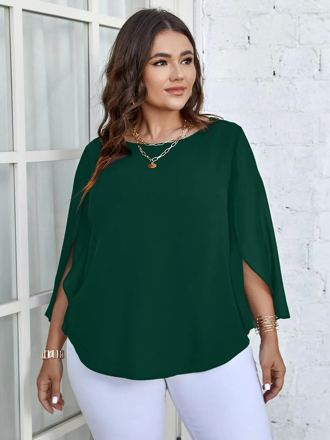 SCOMCHIC Plus Size Blouses for Women Summer Chiffon 3/4 Sleeve Tunic Tops Dressy Scoop Neck Casual Loose Flowy Shirts