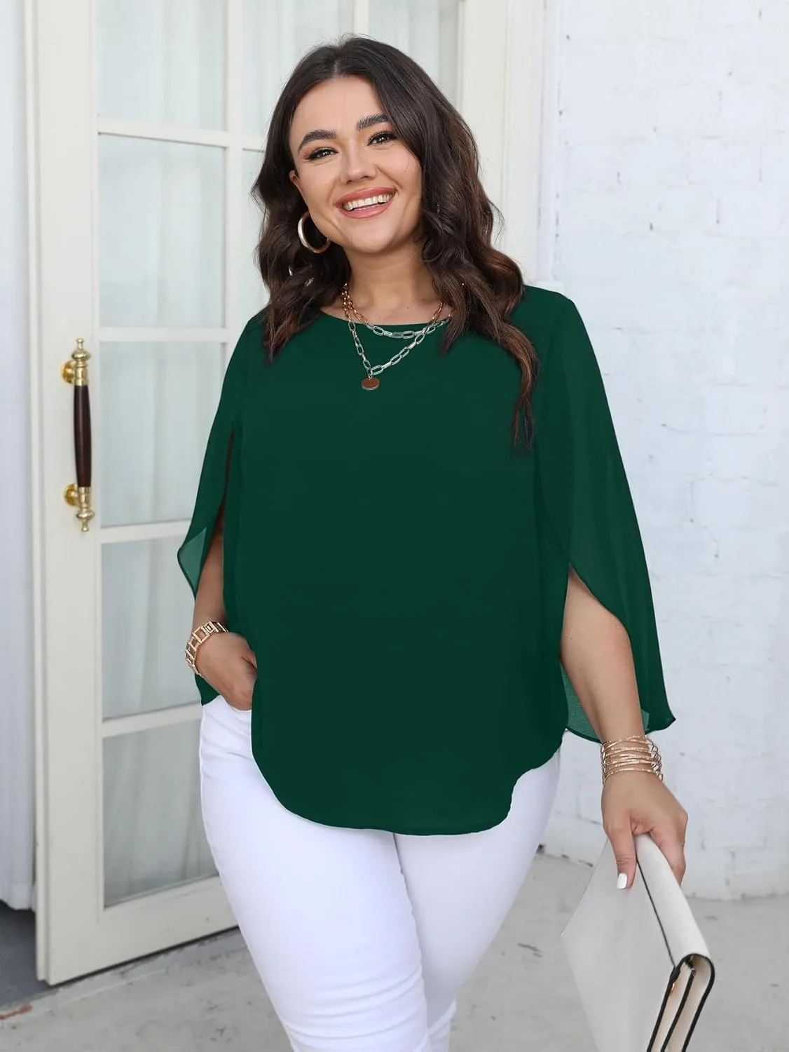 SCOMCHIC Plus Size Blouses for Women Summer Chiffon 3/4 Sleeve Tunic Tops Dressy Scoop Neck Casual Loose Flowy Shirts