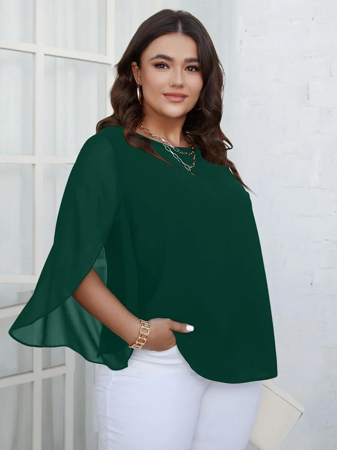 SCOMCHIC Plus Size Blouses for Women Summer Chiffon 3/4 Sleeve Tunic Tops Dressy Scoop Neck Casual Loose Flowy Shirts