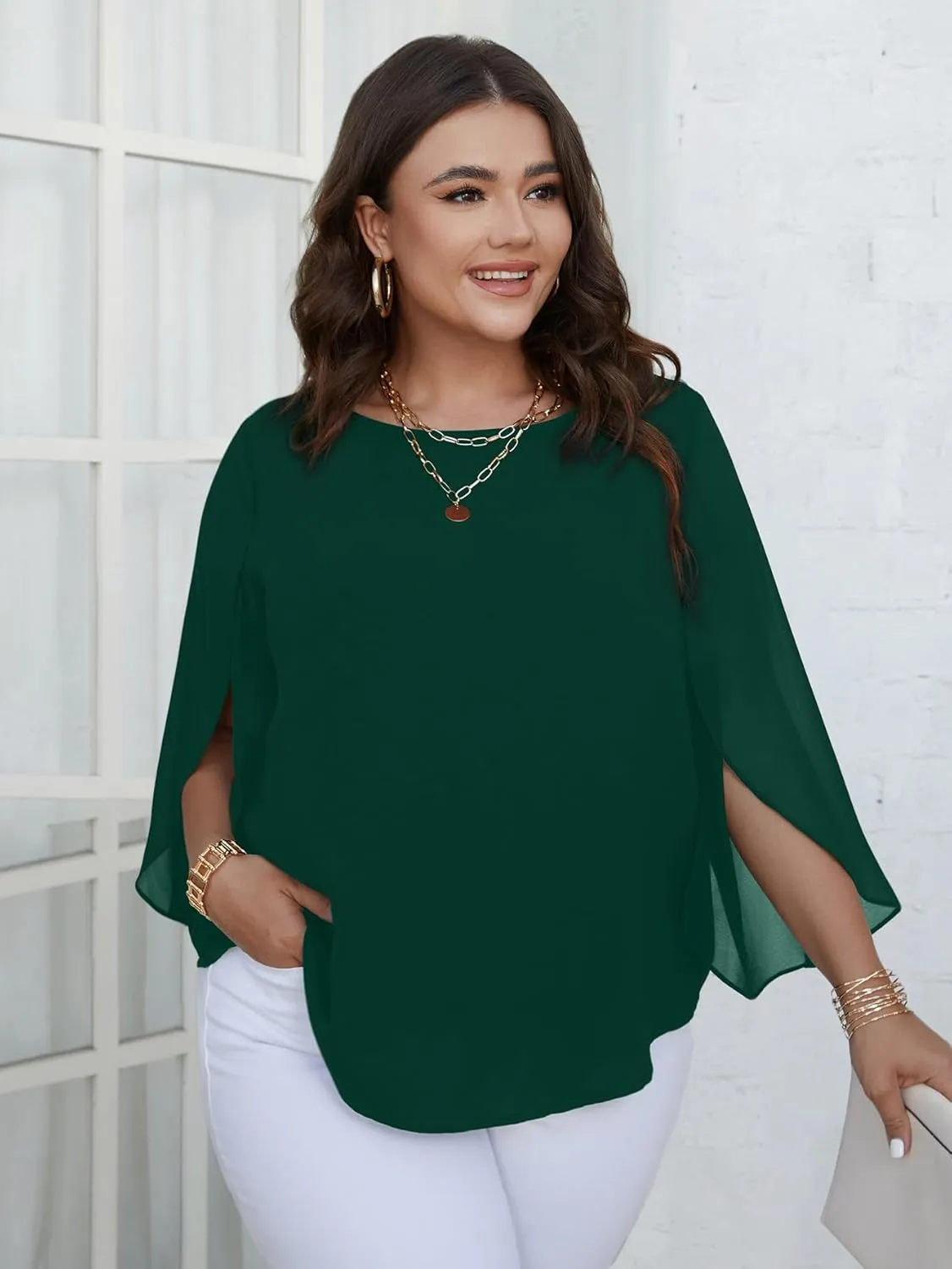 SCOMCHIC Plus Size Blouses for Women Summer Chiffon 3/4 Sleeve Tunic Tops Dressy Scoop Neck Casual Loose Flowy Shirts