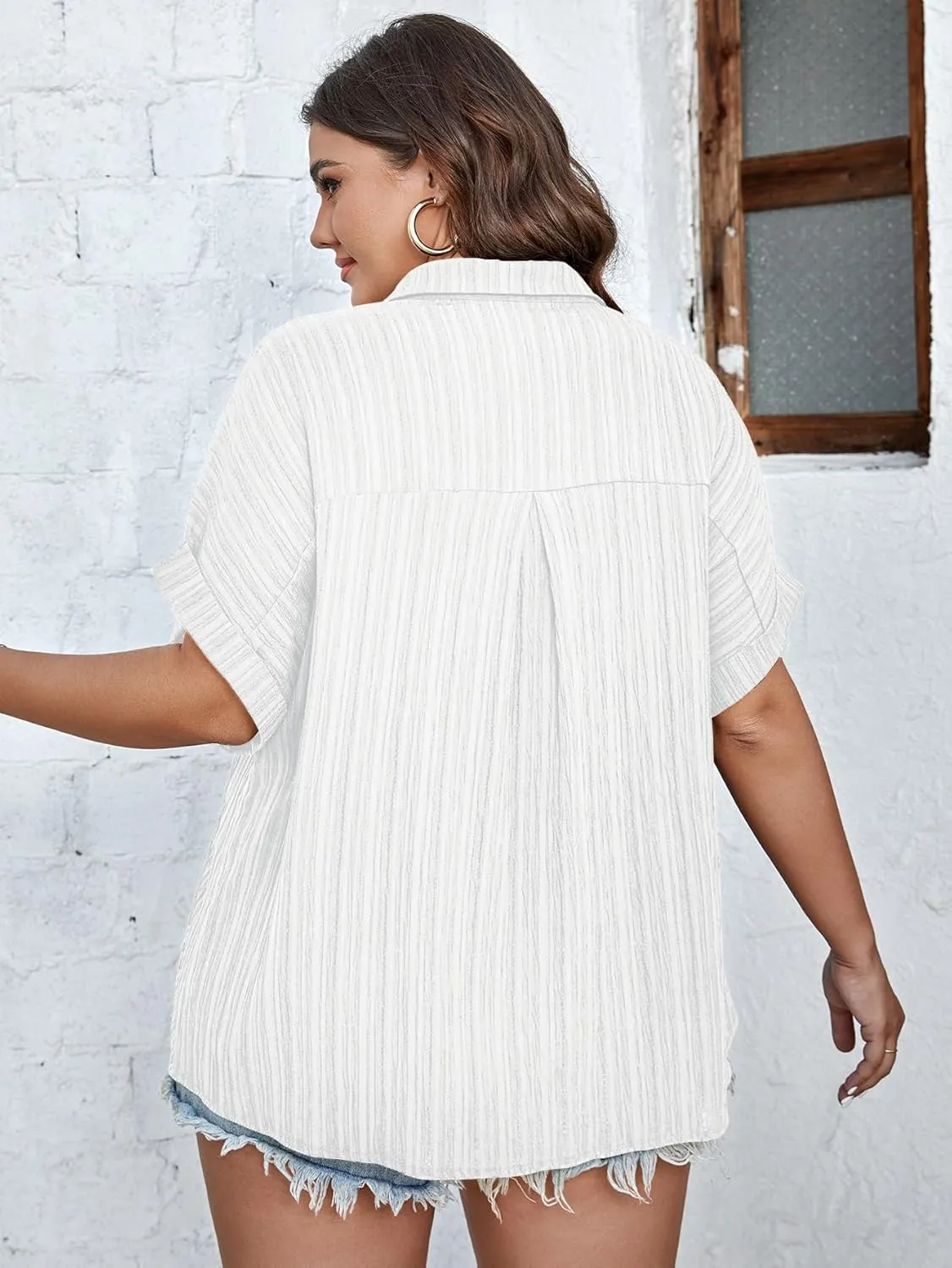 SCOMCHIC Women Plus Size Button Down Short Sleeve Shirts Collared Textured Summer Blouse Casual Tops with Pockets