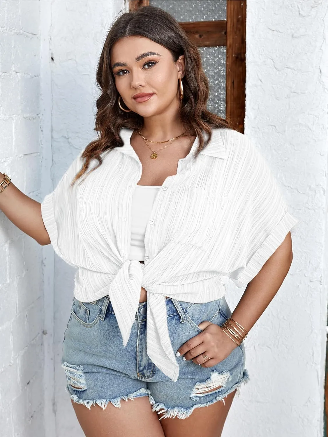 SCOMCHIC Women Plus Size Button Down Short Sleeve Shirts Collared Textured Summer Blouse Casual Tops with Pockets